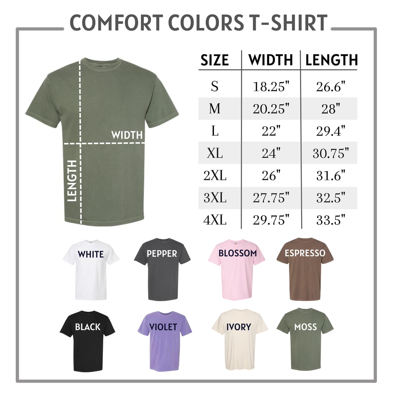 Comfort Color T-Shirt Size Chart