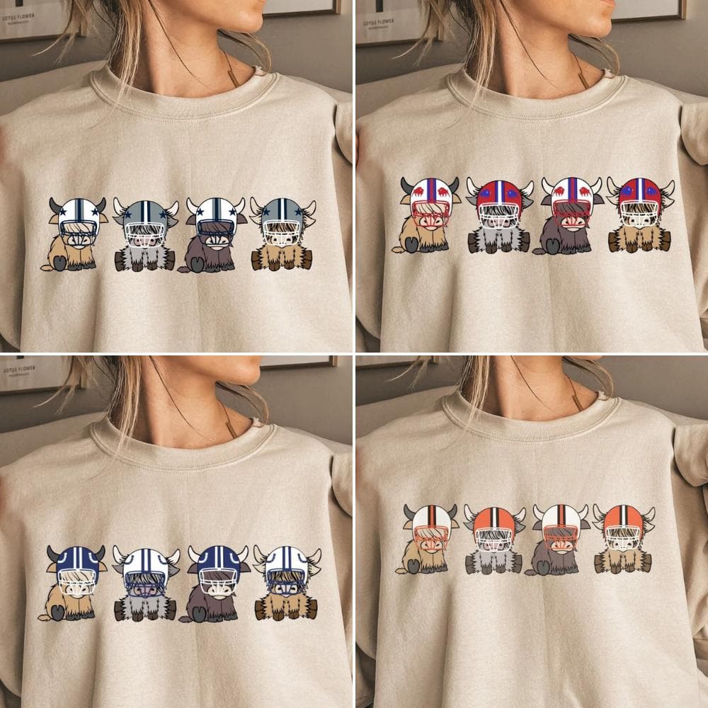 All Teams Football Highland Cow Crewneck Sweatshirt Ver 4 - - 90s Style Unisex Pullover - Crewneck Fall Game Day - Football Lover Gift – image 1, NFL Tee, San Francisco 49ers Tee, Dallas Cowboys Tee, Detroit Lions Tee, Kansas City Chiefs Tee, Tampa Bay Buccaneers Tee, Arizona Cardinals Tee