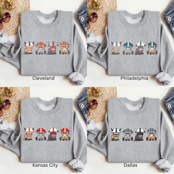All Teams Football Highland Cow Sweatshirts, Vintage Unisex Sweatshirt – image 1, NFL Tee, San Francisco 49ers Tee, Dallas Cowboys Tee, Detroit Lions Tee, Kansas City Chiefs Tee, Tampa Bay Buccaneers Tee, Arizona Cardinals Tee
