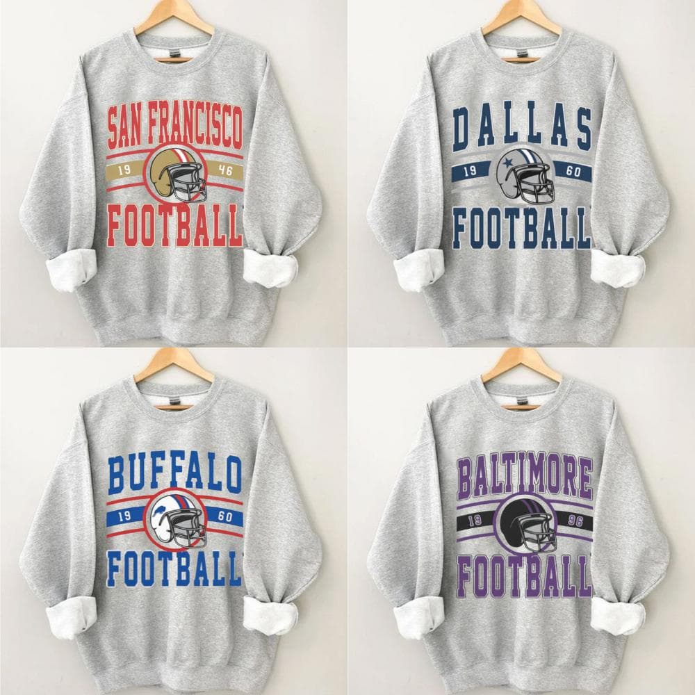 Todos los equiposs Fútbol americano Sudadera, Vintage Crewneck Sudadera, Classic Fit Unisex Sweater – image 1, NFL Tee, San Francisco 49ers Tee, Dallas Cowboys Tee, Detroit Lions Tee, Kansas City Chiefs Tee, Tampa Bay Buccaneers Tee, Arizona Cardinals Tee