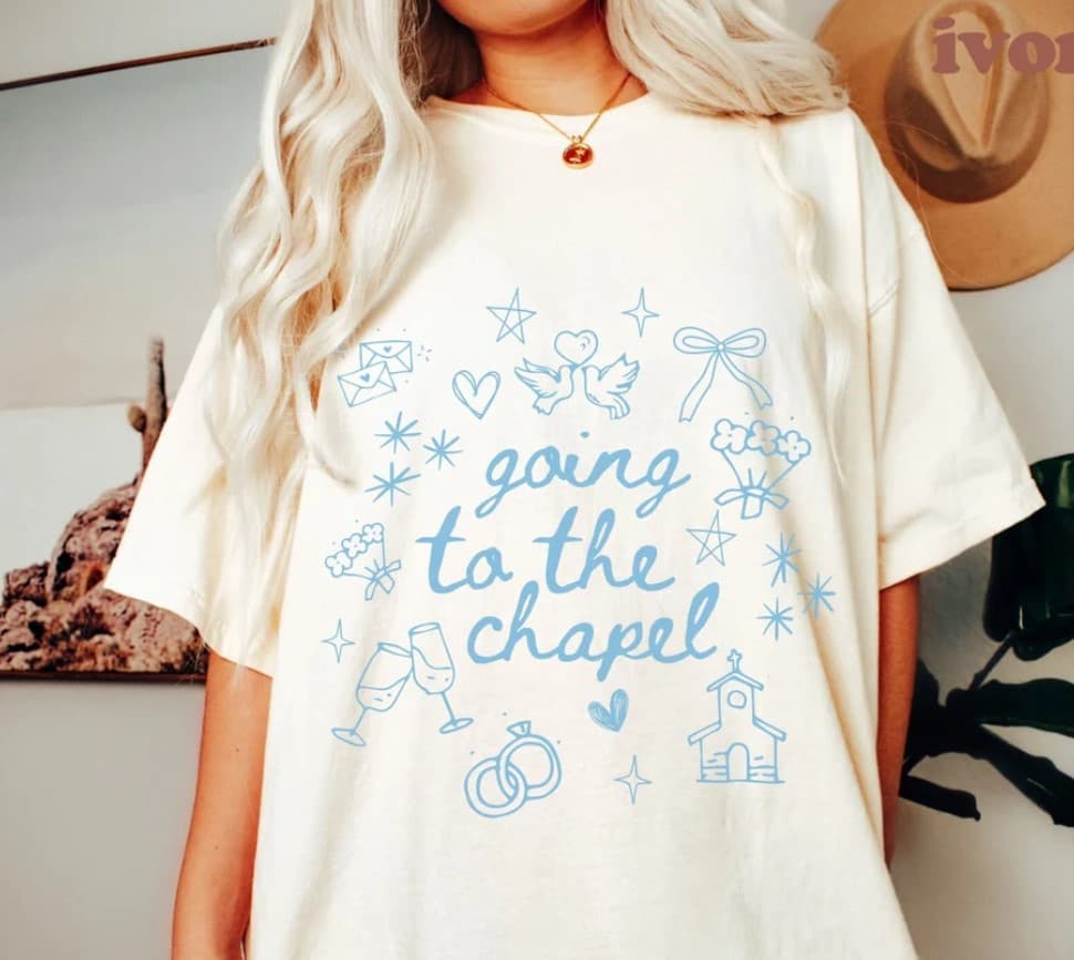 Blue 'Going to the Chapel' Coquette T-shirt for Bride & Engaged Gifts – image 1, Going to the Chapel Tee, Going to the Chapel Merch, Going to the Chapel Shirt, Going to the Chapel Sweatshirt, Going to the Chapel Hoodie, Going to the Chapel Clothes