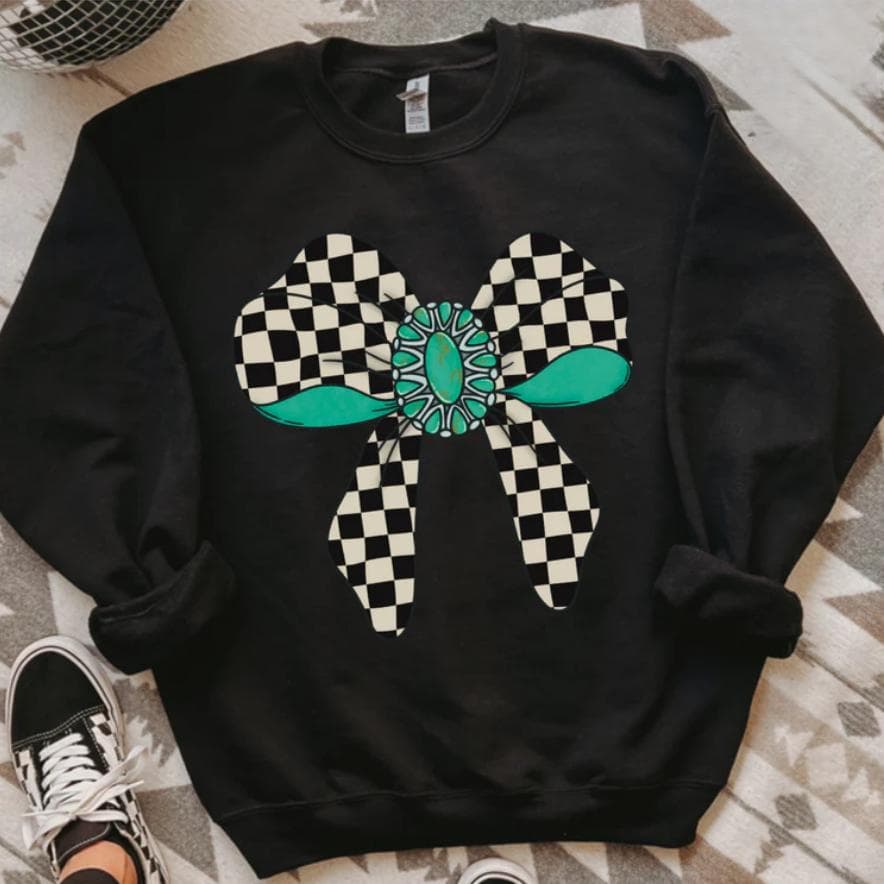Checkered Bow Vintage Crewneck Sweatshirt for Western Cowgirl Style – image 1, Checkered Bow Tee, Checkered Bow Merch, Checkered Bow Shirt, Checkered Bow Sweatshirt, Checkered Bow Hoodie, Checkered Bow Clothes