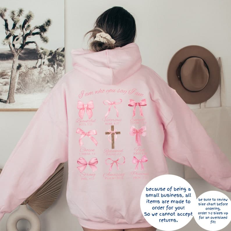 Christian Coquette Bows Hoodie - Affirmation Bible Verse Gift for Her – image 2, Christian Coquette Tee, Christian Coquette Merch, Christian Coquette Shirt, Christian Coquette Sweatshirt, Christian Coquette Hoodie, Christian Coquette Clothes