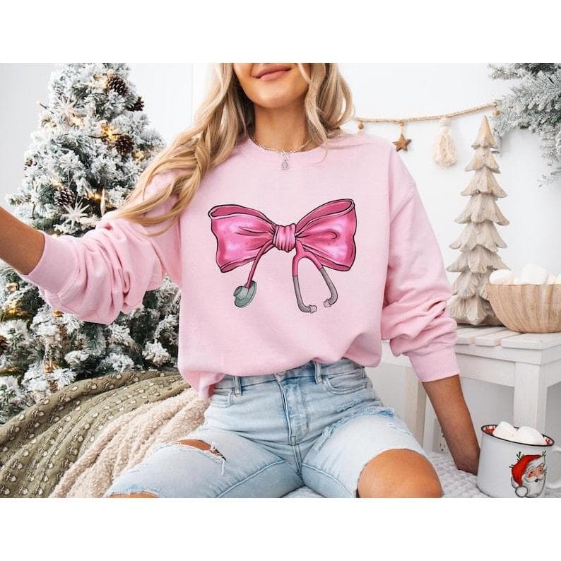 Coquette Nurse Stethoscope Bow Sweatshirt - Pink Bow Nurse Gift – image 2, Nurse Tee, Nurse Merch, Nurse Shirt, Nurse Sweatshirt, Nurse Hoodie, Nurse Clothes