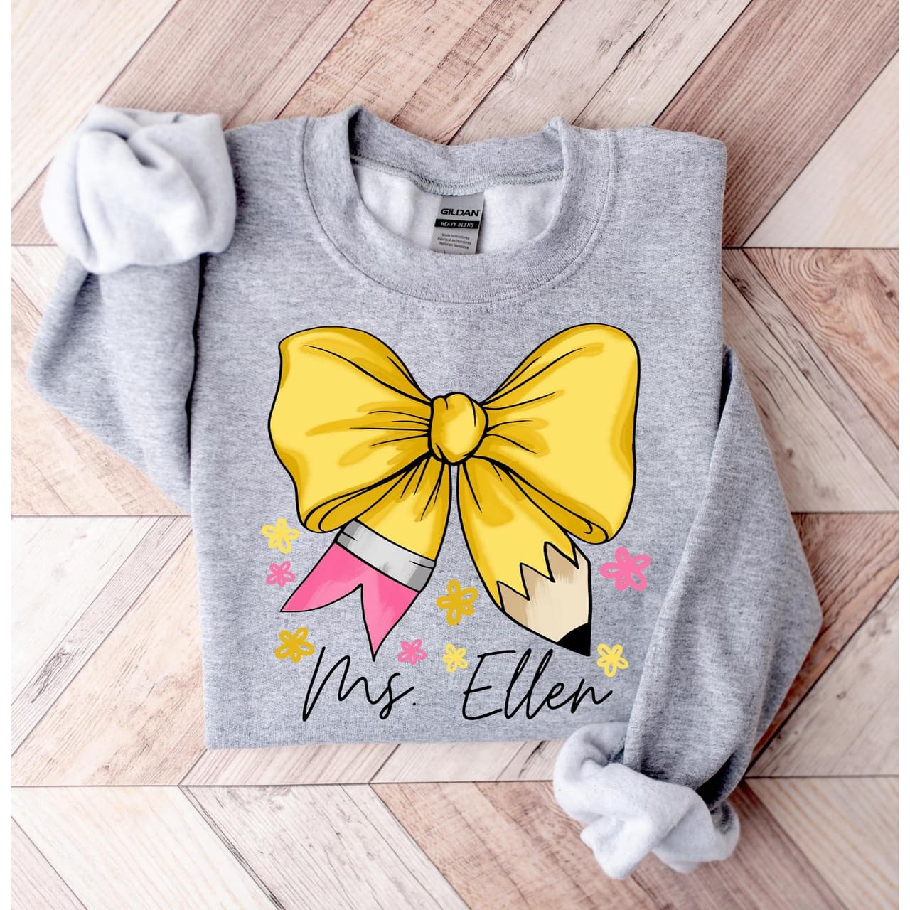 Custom Coquette Teacher Name Shirt - Pencil Bow Back to School Tee – image 1, Teacher Tee, Teacher Merch, Teacher Shirt, Teacher Sweatshirt, Teacher Hoodie, Teacher Clothes