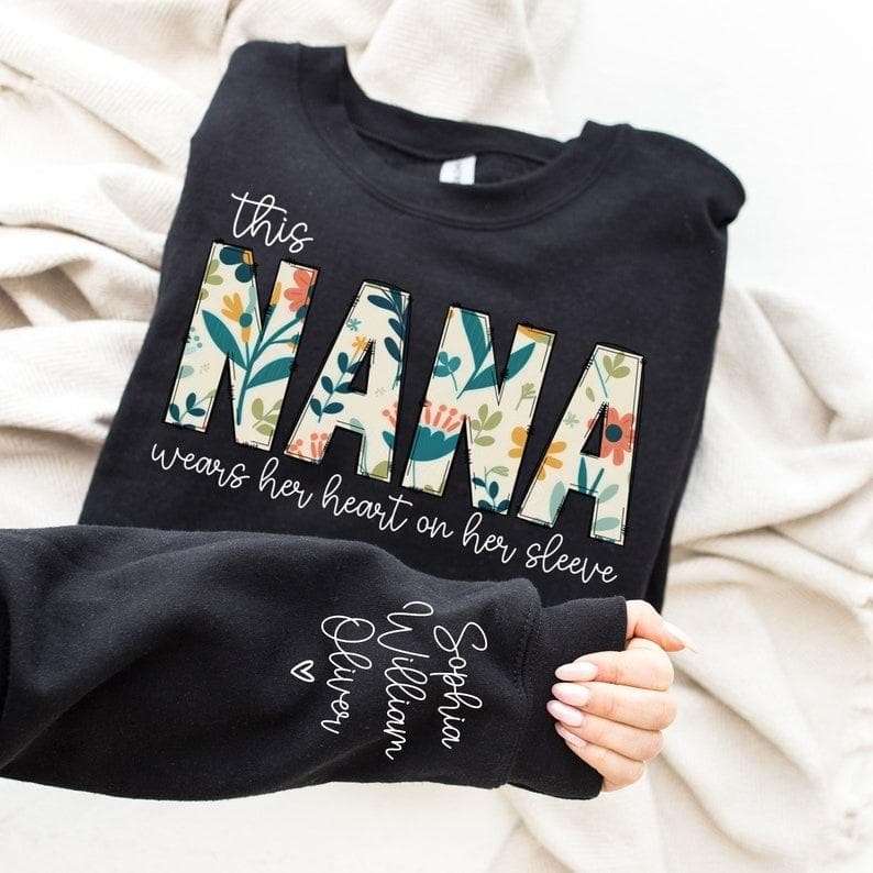 Custom Nana Sweatshirt with Grandkids Names on Sleeve - Christmas Gift – image 1, Nana Tee, Nana Merch, Nana Shirt, Nana Sweatshirt, Nana Hoodie, Nana Clothes