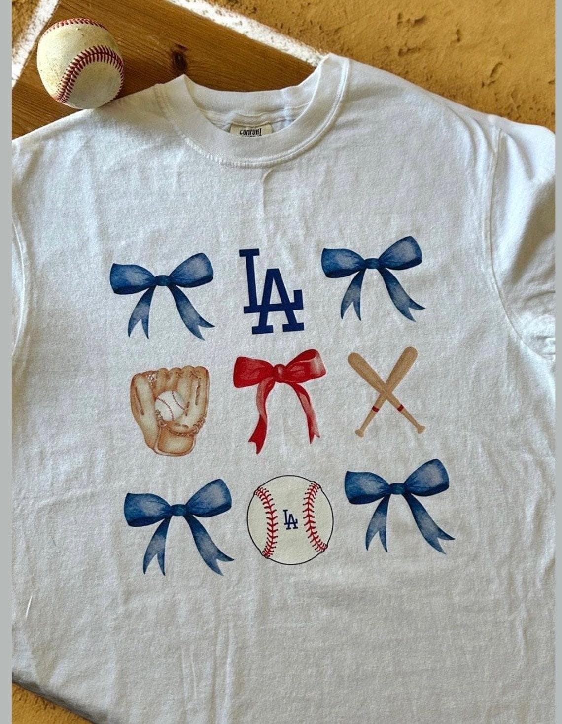 Dodgers MLB Baseball and Coquette Bows Tshirt Sweatshirt, Hoodie, Comfort Colors – image 1, LA Dodgers Tee, LA Dodgers Shirt, LA Dodgers Sweatshirt, LA Dodgers Hoodie, LA Dodgers Clothes