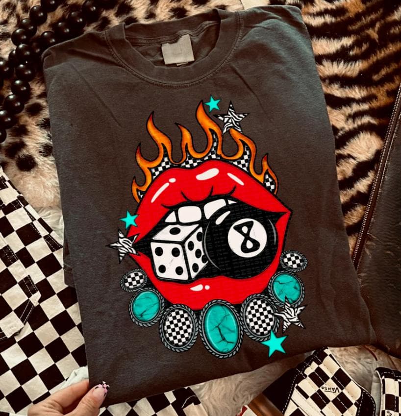 Edgy Flaming Gambling Lips Graphic Tee - Vintage Western Outfits for Women – image 1, Edgy Flaming Gambling Lips Tee, Edgy Flaming Gambling Lips Merch, Edgy Flaming Gambling Lips Shirt, Edgy Flaming Gambling Lips Sweatshirt, Edgy Flaming Gambling Lips Hoodie, Edgy Flaming Gambling Lips Clothes