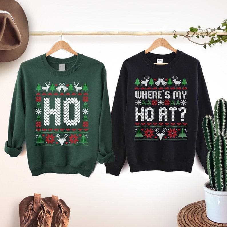 Sudadera Navideña Fea Divertida Para Parejas A Juego 'Where My Ho's At' – image 1, Funny Couples Ugly Christmas Tee, Funny Couples Ugly Christmas Merch, Funny Couples Ugly Christmas Shirt, Funny Couples Ugly Christmas Sweatshirt, Funny Couples Ugly Christmas Hoodie, Funny Couples Ugly Christmas Clothes