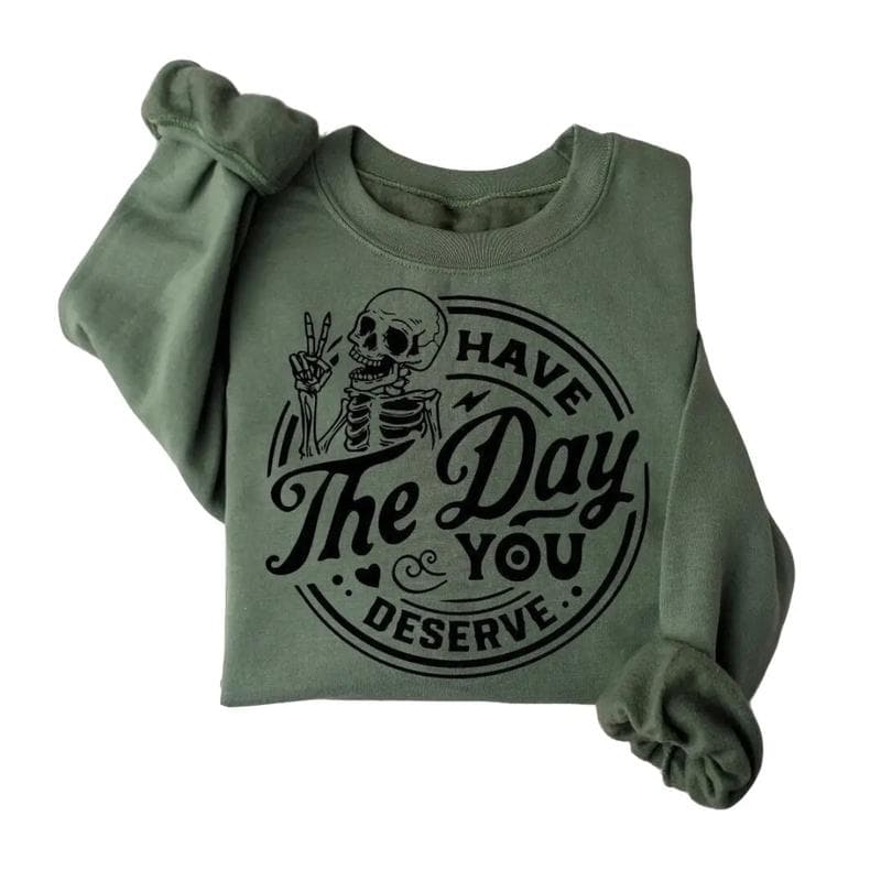 Have The Day You Deserve Sudadera Halloween Hoodie Unisex Trendy Skeleton Cute Spooky Shirt – image 1, halloween shirt, shirt halloween, halloween town sweatshirt, halloweentown sweatshirt, disney halloween shirts, hocus pocus merch, disney halloween t shirts