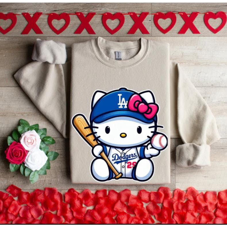 Sudadera Premium Unisex Hello Kitty Blanco Dodgers Béisbol Vintage – image 1, LA Dodgers Tee, LA Dodgers Merch, LA Dodgers Shirt, LA Dodgers Sweatshirt, LA Dodgers Hoodie, LA Dodgers Clothes