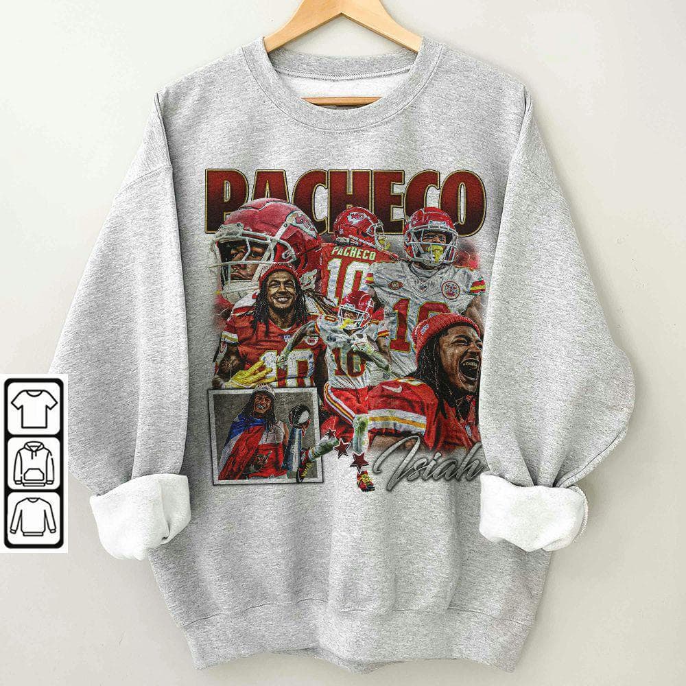 Isiah Pacheco Kansas City Football Gráfico Vintage Sudadera y Camiseta – image 1, Kansas City Chiefs Tee, kansas chiefs merch, travis kelce shirt, travis kelce tshirt, kansas city chiefs sweatshirt, chiefs sweatshirts, kc chiefs sweatshirts