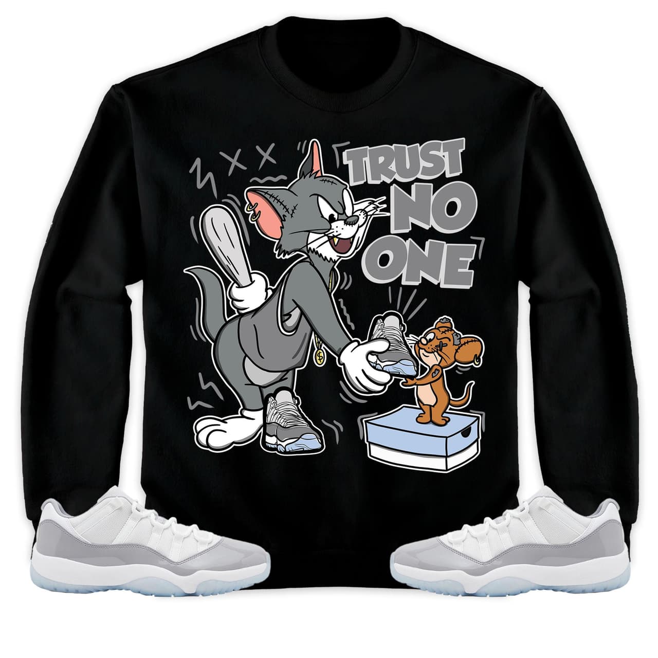 Jordan 11 Low Cement Match: "Trust No One" Cat & Mouse Hoodie Sweatshirt T-Shirt – image 1, Trust No One Tee, Trust No One Merch, Trust No One Shirt, Trust No One Sweatshirt, Trust No One Hoodie, Trust No One Clothes
