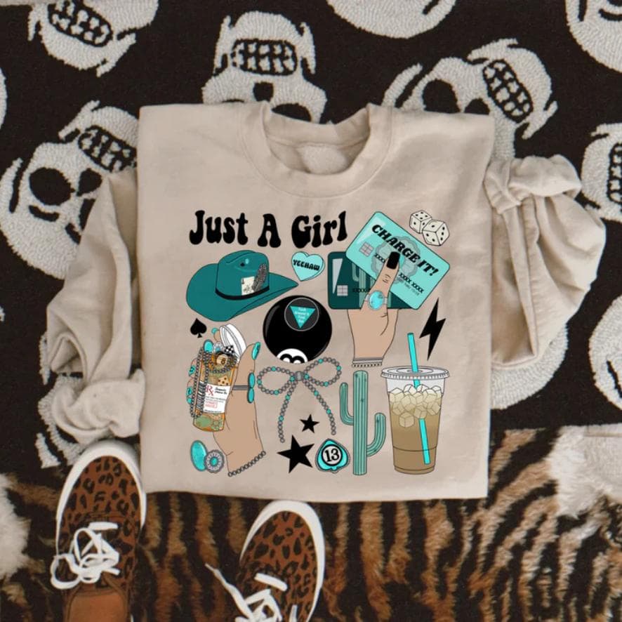 Just a Girl Sudadera Cuello Redondo - Top Gráfico Western Vaquera Mujer – image 1, Just a Girl Crew Tee, Just a Girl Crew Merch, Just a Girl Crew Shirt, Just a Girl Crew Sweatshirt, Just a Girl Crew Hoodie, Just a Girl Crew Clothes