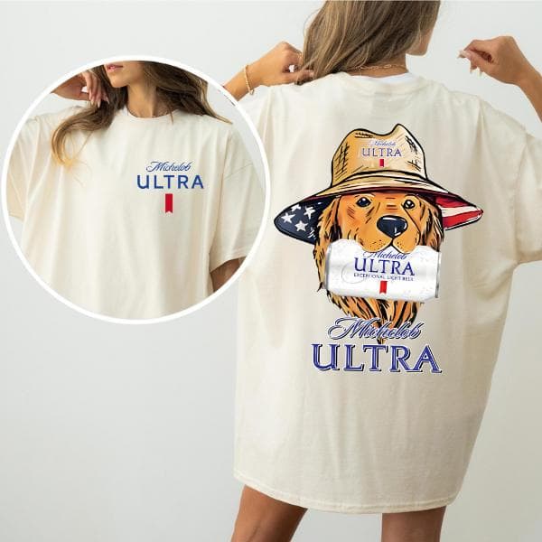 Michelob Ultra T-Shirt: Camiseta Gráfica de Perro Patriótico de Doble Cara para Amantes de la Cerveza – image 1, Michelob Ultra Tee, Michelob Ultra Merch, Michelob Ultra Shirt, Michelob Ultra Sweatshirt, Michelob Ultra Hoodie, Michelob Ultra Clothes