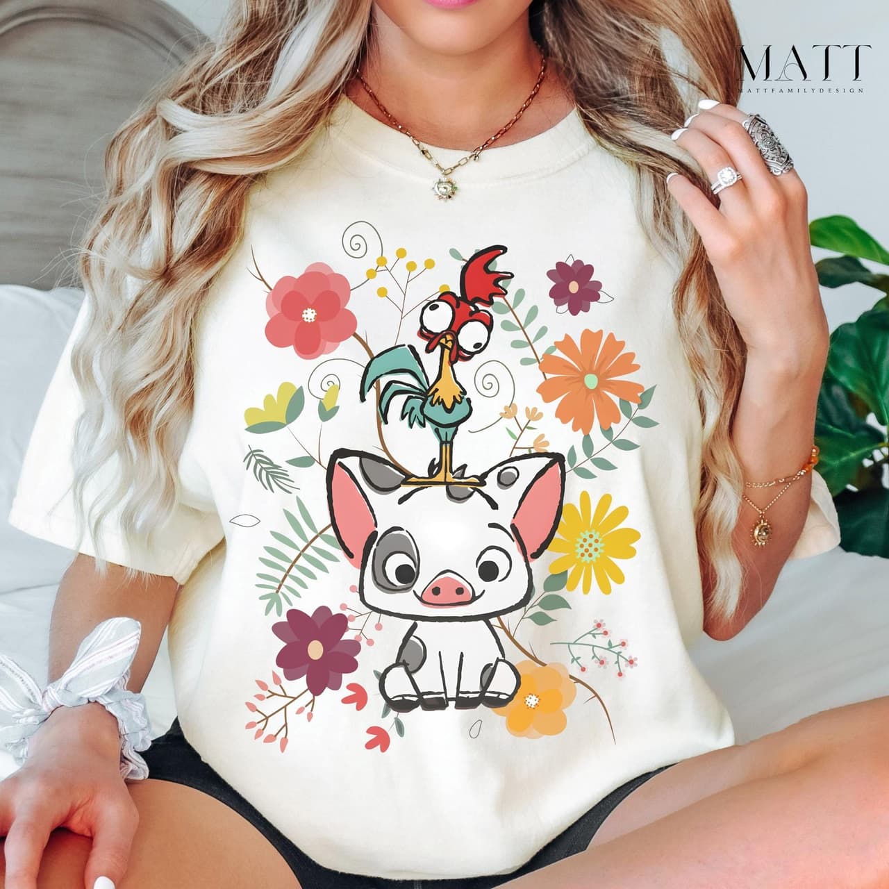 Moana Pua Hei Hei Retro 70s Floral Sweatshirt & Tee | Family Trip – image 1, Retro 70S Floral Pua And Hei Hei Tee, Retro 70S Floral Pua And Hei Hei Merch, Retro 70S Floral Pua And Hei Hei Shirt, Retro 70S Floral Pua And Hei Hei Sweatshirt, Retro 70S Floral Pua And Hei Hei Hoodie, Retro 70S Floral Pua And Hei Hei Clothes