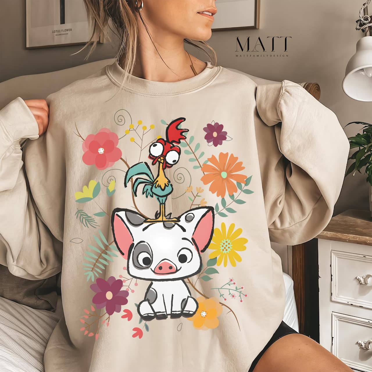 Moana Pua Hei Hei Retro 70s Floral Sweatshirt & Tee | Family Trip – image 4, Retro 70S Floral Pua And Hei Hei Tee, Retro 70S Floral Pua And Hei Hei Merch, Retro 70S Floral Pua And Hei Hei Shirt, Retro 70S Floral Pua And Hei Hei Sweatshirt, Retro 70S Floral Pua And Hei Hei Hoodie, Retro 70S Floral Pua And Hei Hei Clothes