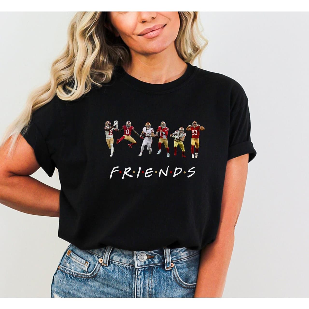 Camiseta Ninerrs 49 Friends Purdy Kittle Deebo Bosa McCaffrey Aiyuk – image 1, San Francisco 49ers Tee, san francisco 49ers gear, 49ers shirt, 49ers tshirt, 49ers tee shirts, san francisco 49ers tee shirts, san francisco 49ers t shirt