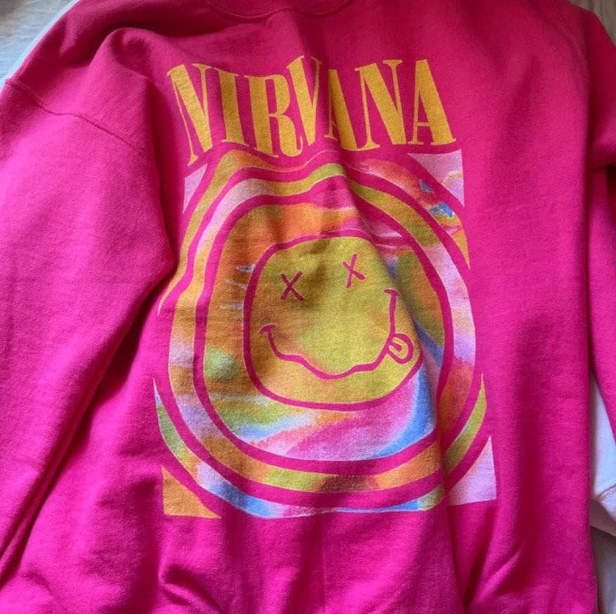 Nirvana Smile Face Sweatshirt, Preppy Sweatshirt, 90's sweatshirt, Nirvana Sweatshirt, Hot Pink Nirvana Sweater, Sweatshirt, Hoodie – image 4, Nirvana Smile Face Tee, nirvana shirt, nirvana tee shirt, shirt nirvana, nirvana t shirt, nirvana tshirt, nirvana band tee