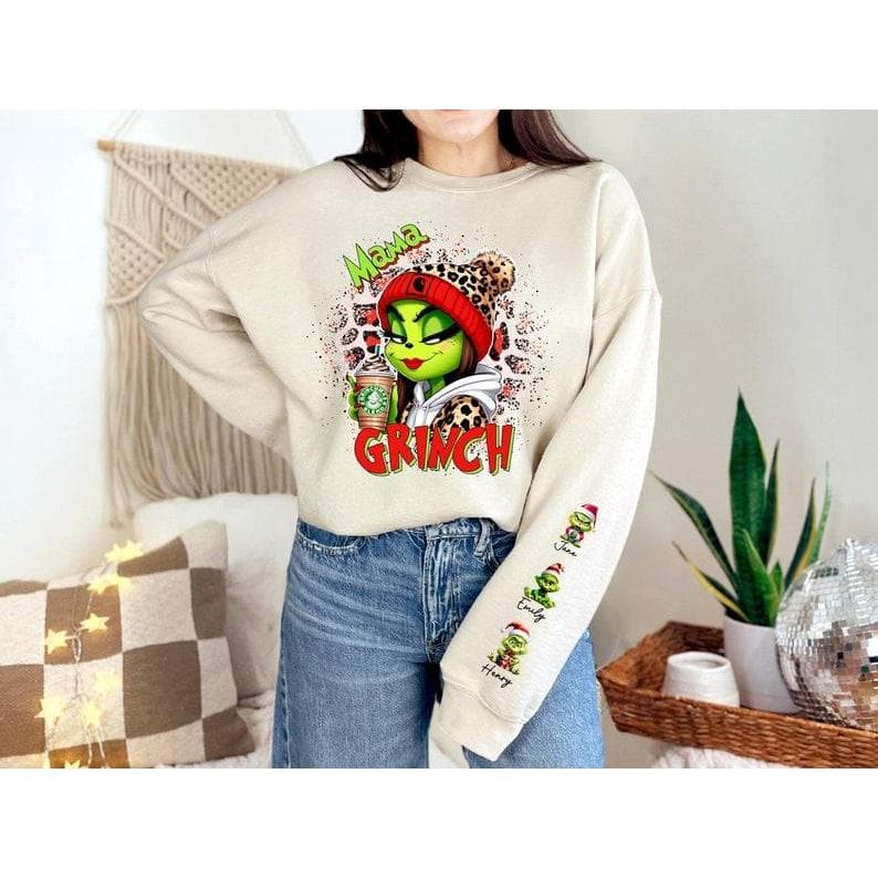 Personalized Grinch Mama Christmas Sweatshirt with Kids' Names – image 1, Grinch Tee, christmas tees, christmas pullover ugly, ugly xmas sweatshirt, ugly sweatshirt christmas, christmas sweatshirt ugly, ugly christmas sweatshirt men