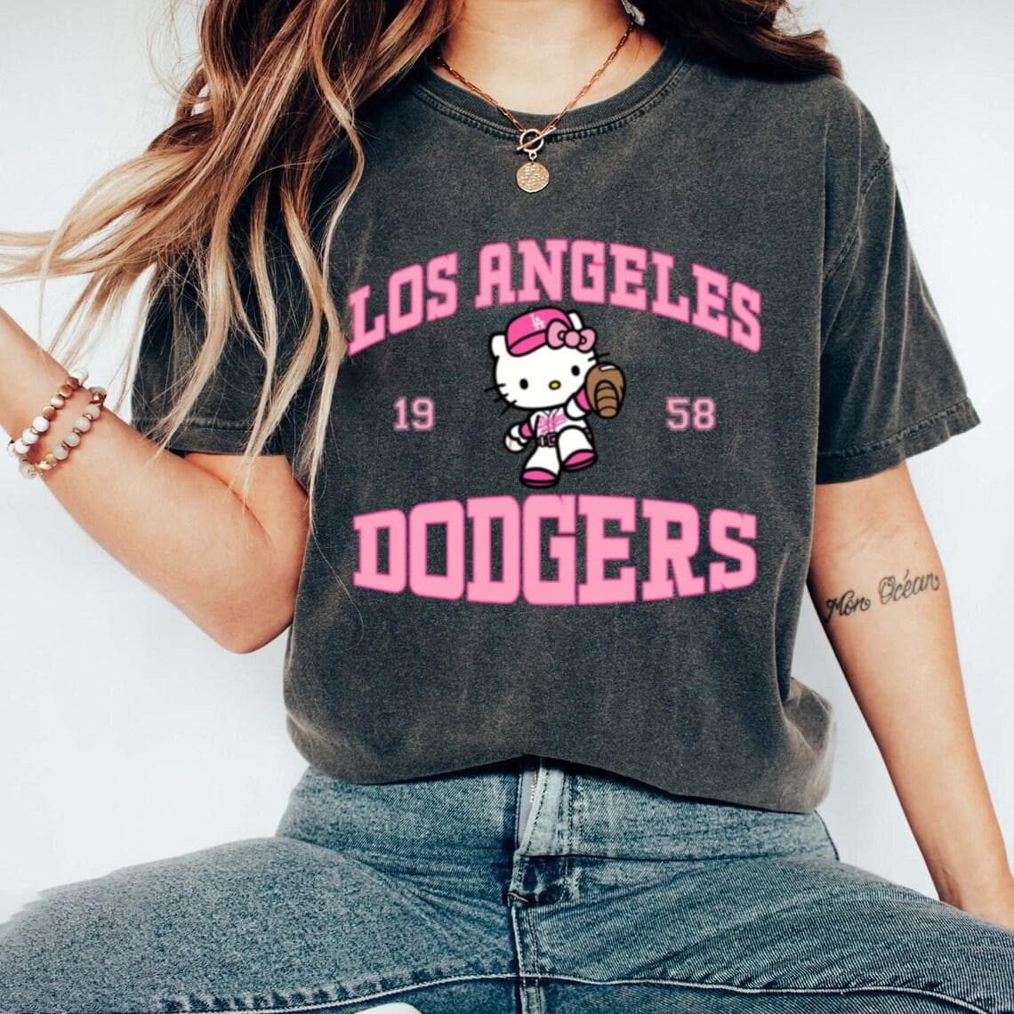 Pink Dodger Kitty Graphic T-Shirt, Hoodie & Sweatshirt - Funny HK Baseball – image 1, LA Dodgers Tee, LA Dodgers Merch, LA Dodgers Shirt, LA Dodgers Sweatshirt, LA Dodgers Hoodie, LA Dodgers Clothes