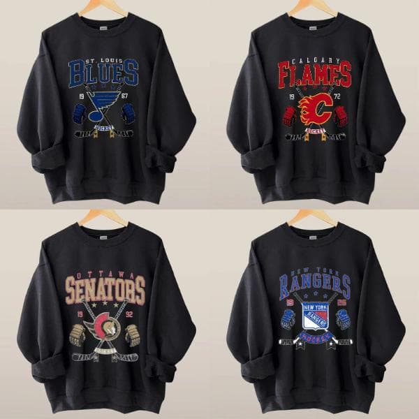Retro 90s Hockey Sweatshirt, Timeless Jersey Style, Sports Fan Gift – image 1, NHL Tee, Anaheim Ducks Tee, Boston Bruins Tee, Buffalo Sabres Tee, Calgary Flames Tee, Carolina Hurricanes Tee, Chicago Blackhawks Tee