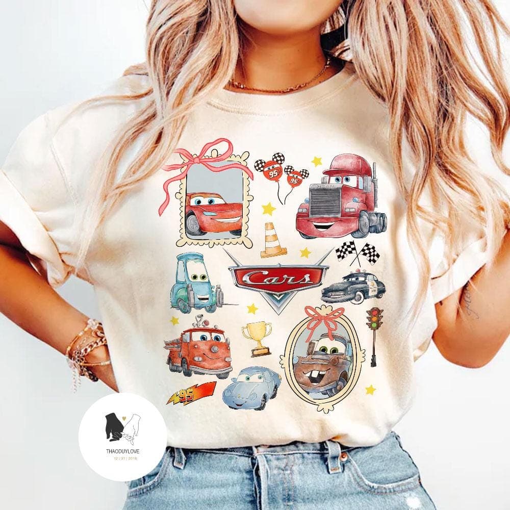 Retro Coquette Bows Cars T-shirt: Lightning McQueen Birthday Family Girl Trip Tee – image 1, Coquette Bows Cars Tee, Coquette Bows Cars Merch, Coquette Bows Cars Shirt, Coquette Bows Cars Sweatshirt, Coquette Bows Cars Hoodie, Coquette Bows Cars Clothes