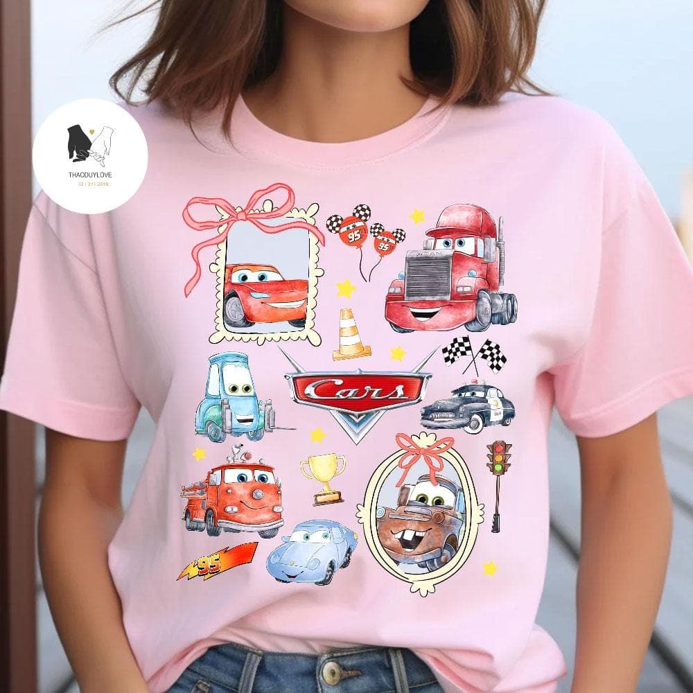 Retro Coquette Bows Cars T-shirt: Lightning McQueen Birthday Family Girl Trip Tee – image 2, Coquette Bows Cars Tee, Coquette Bows Cars Merch, Coquette Bows Cars Shirt, Coquette Bows Cars Sweatshirt, Coquette Bows Cars Hoodie, Coquette Bows Cars Clothes