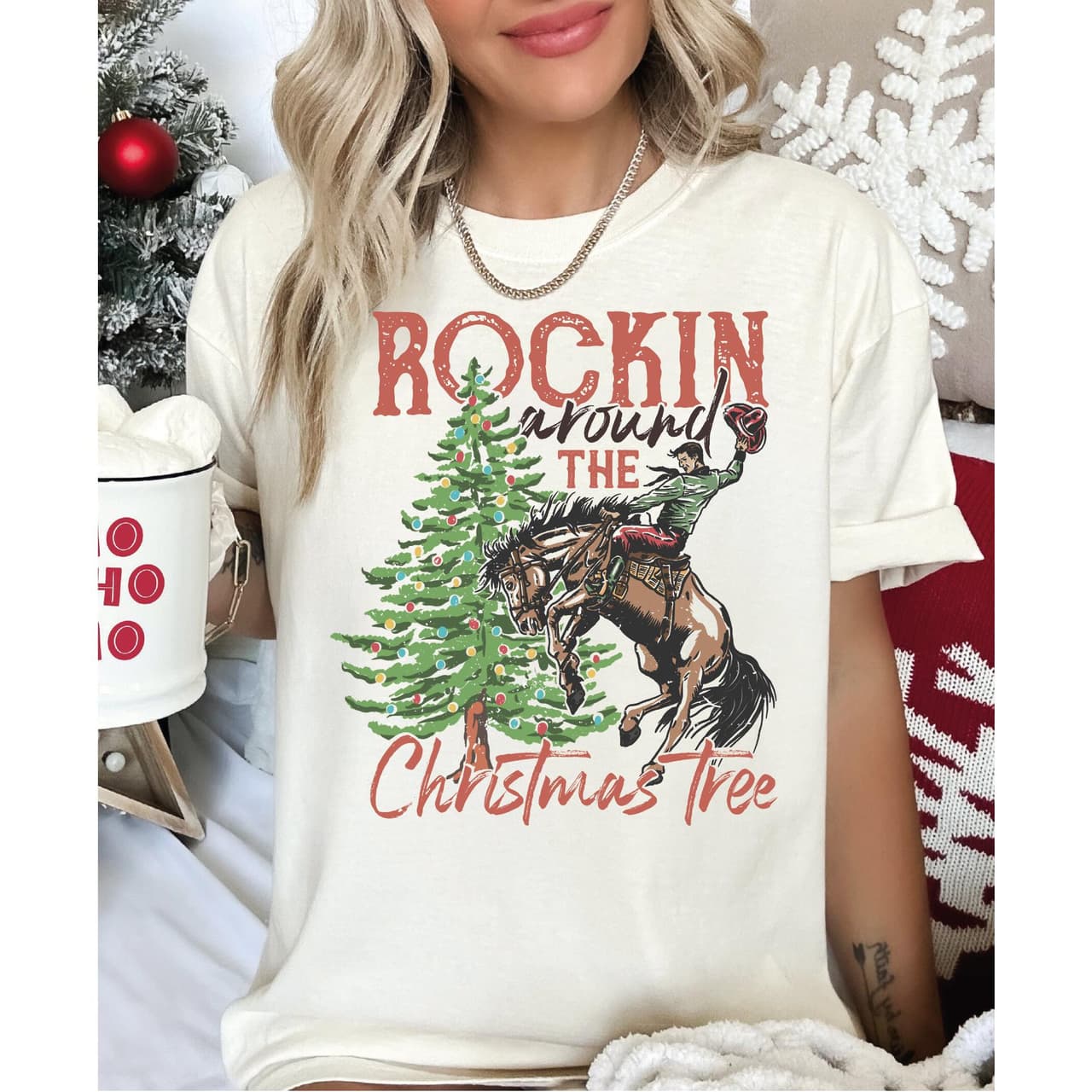 Rockin' Around Christmas Tree Shirt, Country Retro Western Xmas Tee – image 1, Rockin Tee, Rockin Merch, Rockin Shirt, Rockin Sweatshirt, Rockin Hoodie, Rockin Clothes
