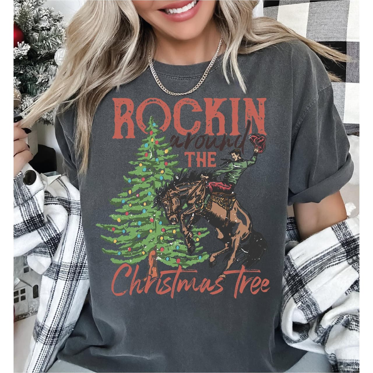 Rockin' Around Christmas Tree Shirt, Country Retro Western Xmas Tee – image 3, Rockin Tee, Rockin Merch, Rockin Shirt, Rockin Sweatshirt, Rockin Hoodie, Rockin Clothes