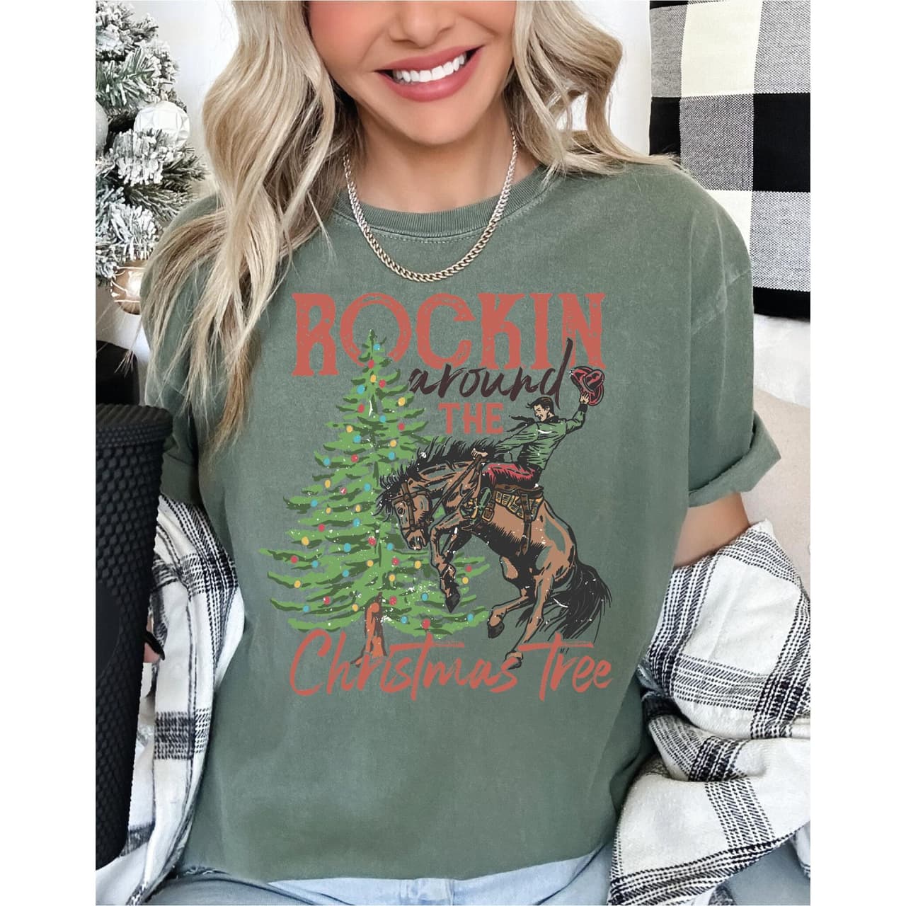 Rockin' Around Christmas Tree Shirt, Country Retro Western Xmas Tee – image 4, Rockin Tee, Rockin Merch, Rockin Shirt, Rockin Sweatshirt, Rockin Hoodie, Rockin Clothes