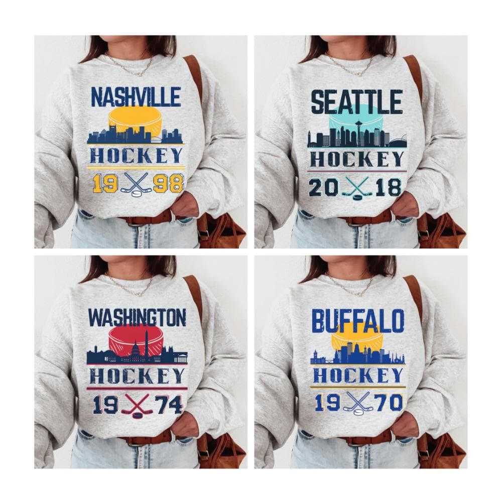 Unisex 90s Vintage All Team Ice Hockey Crewneck Sweatshirt – image 1, NHL Tee, Anaheim Ducks Tee, Boston Bruins Tee, Buffalo Sabres Tee, Calgary Flames Tee, Carolina Hurricanes Tee, Chicago Blackhawks Tee