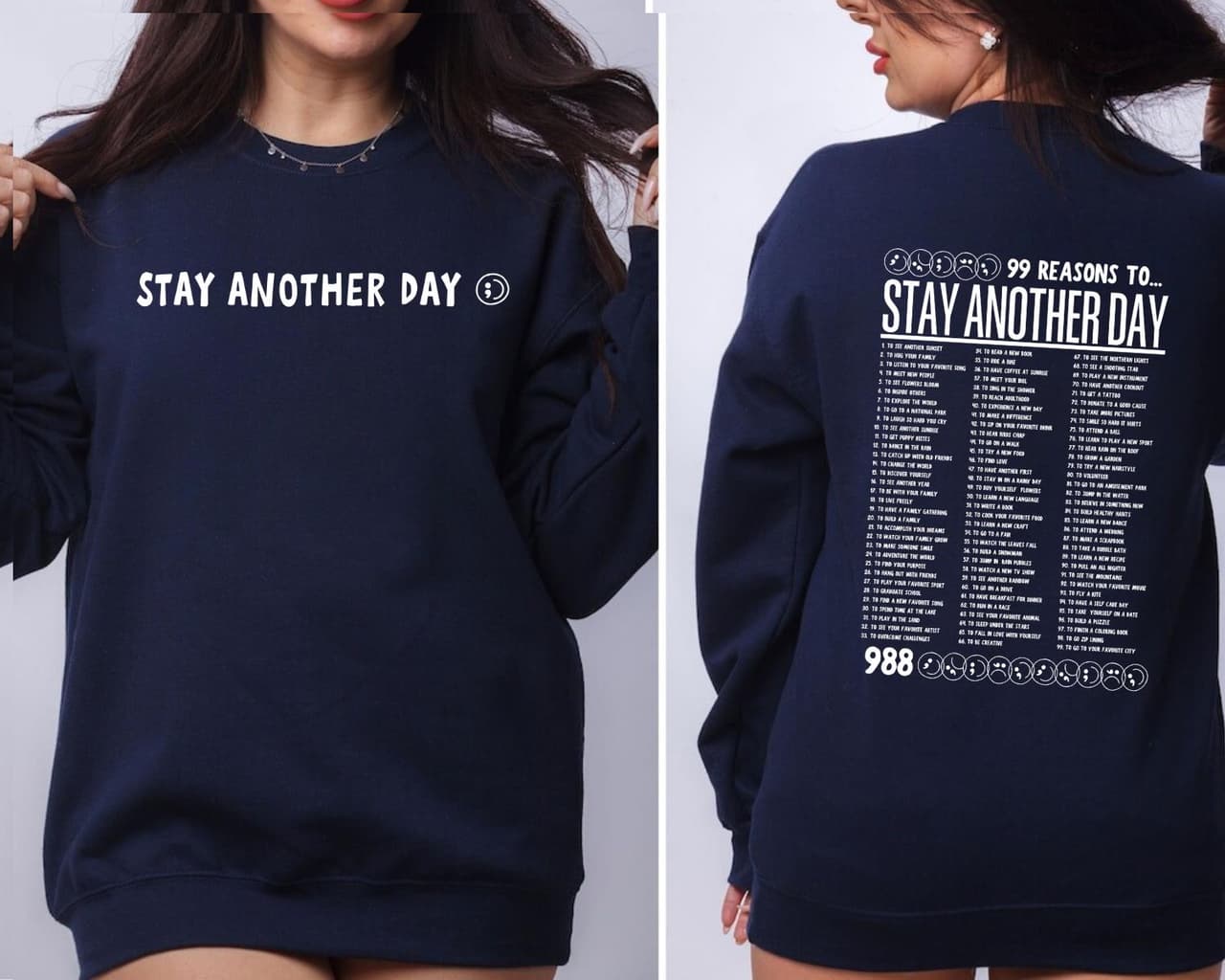 Unisex '99 Reasons to Stay' Mental Health Awareness Crewneck Sweatshirt – image 3, 99 Reasons to Stay Another Day Tee, 99 Reasons to Stay Another Day Merch, 99 Reasons to Stay Another Day Shirt, 99 Reasons to Stay Another Day Sweatshirt, 99 Reasons to Stay Another Day Hoodie, 99 Reasons to Stay Another Day Clothes