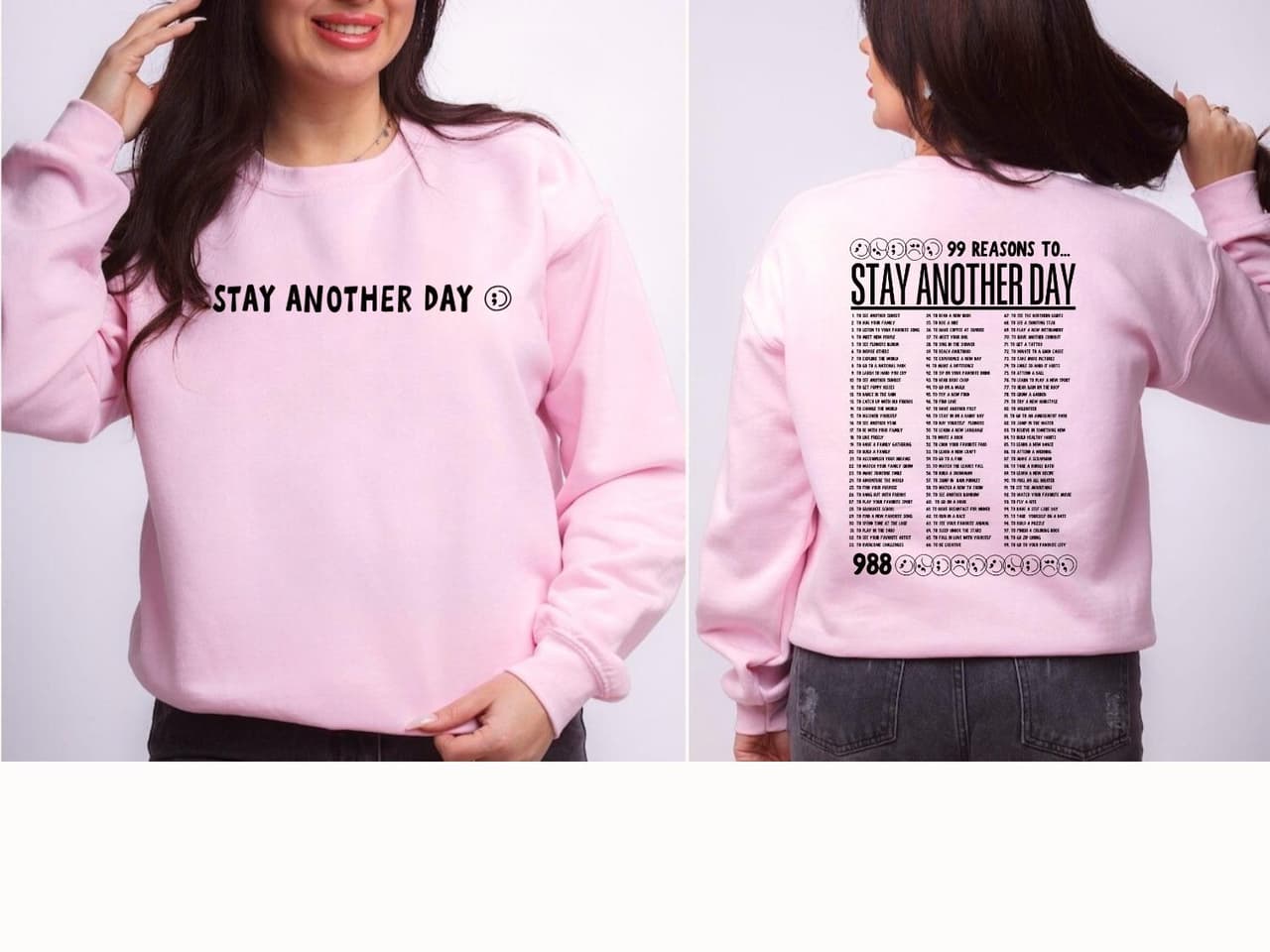 Unisex '99 Reasons to Stay' Mental Health Awareness Crewneck Sweatshirt – image 2, 99 Reasons to Stay Another Day Tee, 99 Reasons to Stay Another Day Merch, 99 Reasons to Stay Another Day Shirt, 99 Reasons to Stay Another Day Sweatshirt, 99 Reasons to Stay Another Day Hoodie, 99 Reasons to Stay Another Day Clothes