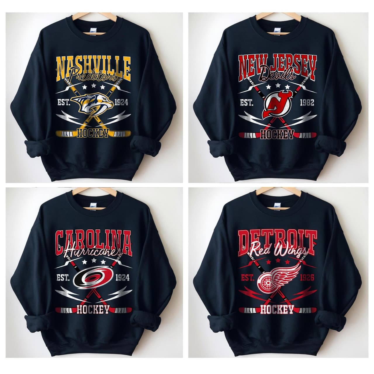 Vintage All Hockey Teams Crewneck Sweatshirt - Gildan USA Hockey – image 1, NHL Tee, Anaheim Ducks Tee, Boston Bruins Tee, Buffalo Sabres Tee, Calgary Flames Tee, Carolina Hurricanes Tee, Chicago Blackhawks Tee