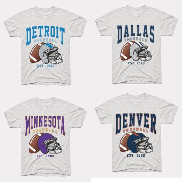 Vintage All Team Football T-Shirt - Throwback Fan Gift Unisex Tee – image 1, NFL Tee, San Francisco 49ers Tee, Dallas Cowboys Tee, Detroit Lions Tee, Kansas City Chiefs Tee, Tampa Bay Buccaneers Tee, Arizona Cardinals Tee