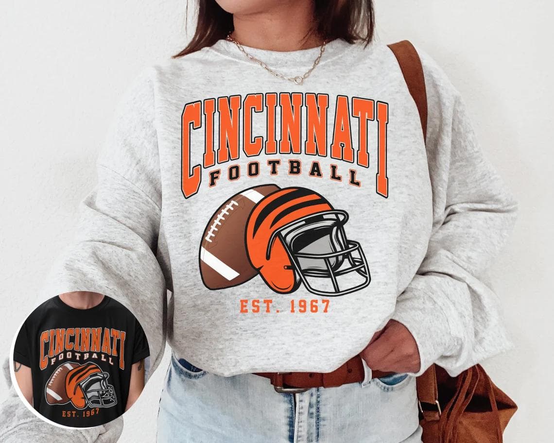 Vintage Cincinnati Football Crewneck Sweatshirt, Ideal Gift for Football Fans – image 1, NFL Tee, San Francisco 49ers Tee, Dallas Cowboys Tee, Detroit Lions Tee, Kansas City Chiefs Tee, Tampa Bay Buccaneers Tee, Arizona Cardinals Tee