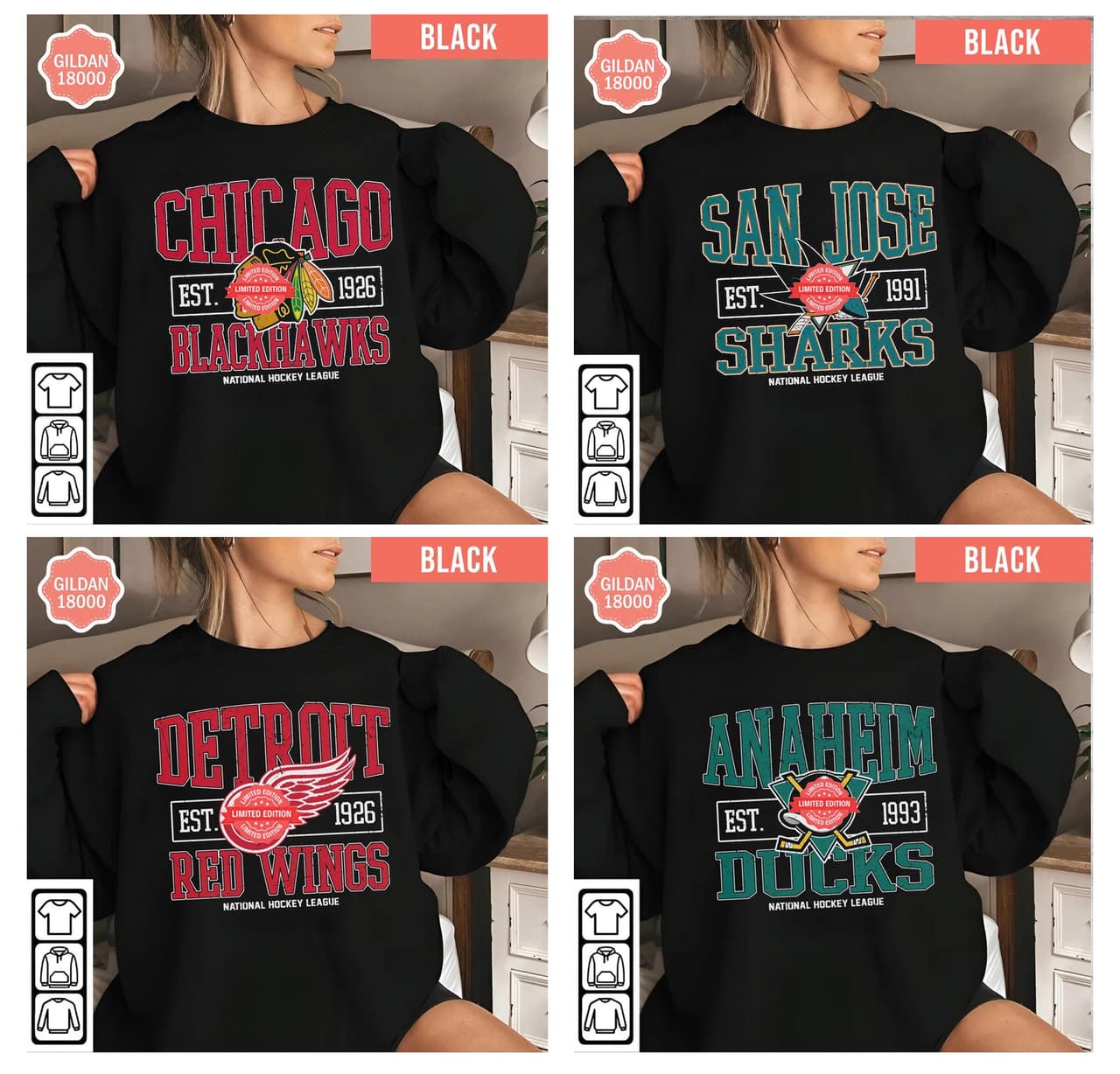 Vintage Gildan All Hockey Teams Sweatshirt | Hockey Fan Gift – image 1, NHL Tee, Anaheim Ducks Tee, Boston Bruins Tee, Buffalo Sabres Tee, Calgary Flames Tee, Carolina Hurricanes Tee, Chicago Blackhawks Tee