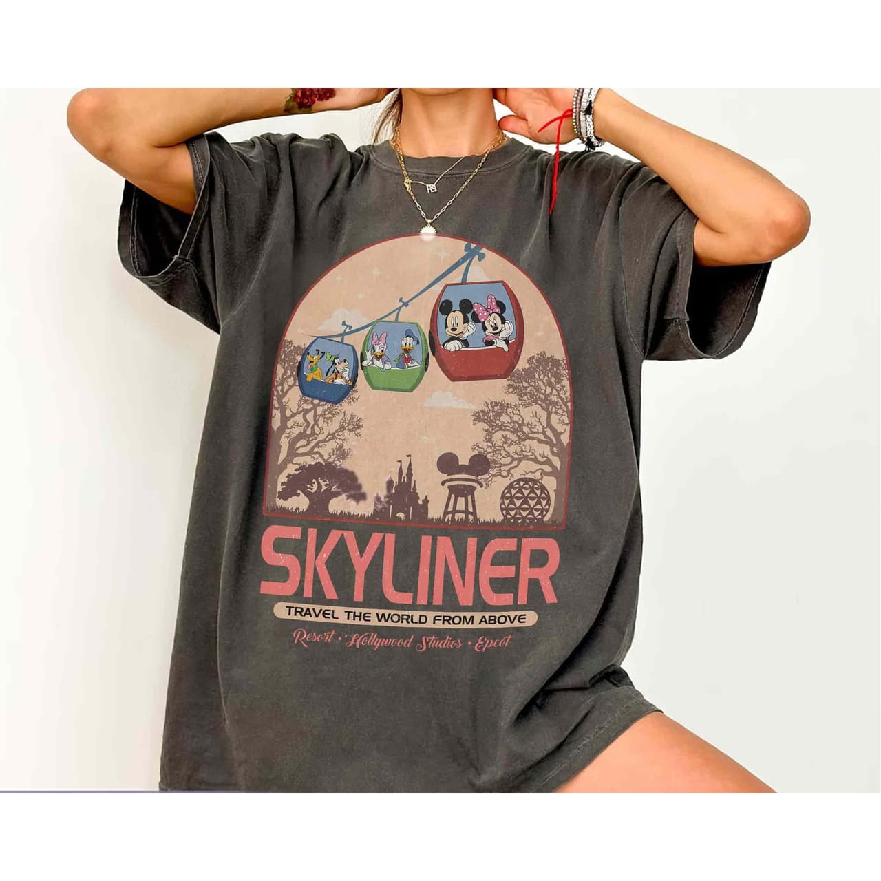 Vintage Mickey & Friends Disney Skyliner Epcot Washed Tee – image 1, disney shirt, cameron boyce merch, disney shirts for women, disney tee shirts womens, womens disney tee, disney family shirts, disney t shirts family