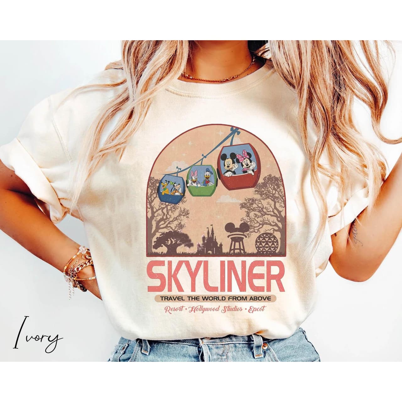 Vintage Mickey & Friends Disney Skyliner Epcot Washed Tee – image 2, disney shirt, cameron boyce merch, disney shirts for women, disney tee shirts womens, womens disney tee, disney family shirts, disney t shirts family