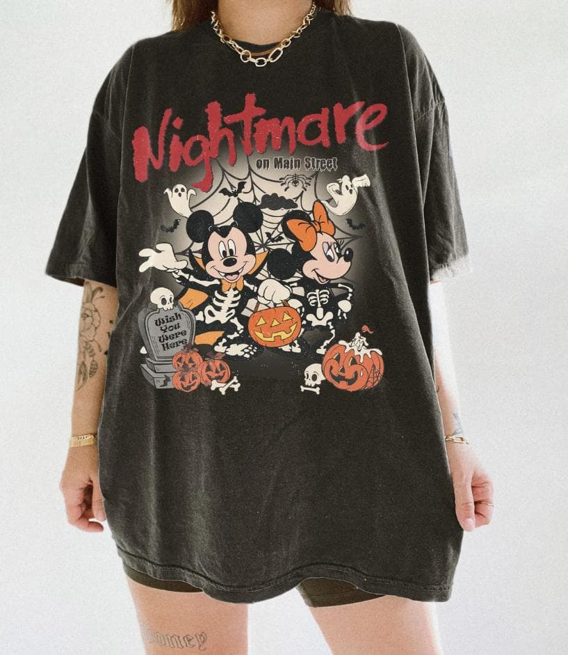 Vintage Mickkey Minnie Skeleton Halloween Shirt - Nightmare On Main Street Fall Tee – image 1, disney shirt, cameron boyce merch, disney shirts for women, disney tee shirts womens, womens disney tee, disney family shirts, disney t shirts family
