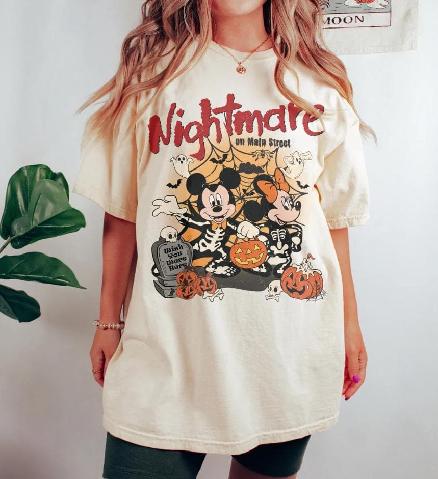Vintage Mickkey Minnie Skeleton Halloween Shirt - Nightmare On Main Street Fall Tee – image 2, disney shirt, cameron boyce merch, disney shirts for women, disney tee shirts womens, womens disney tee, disney family shirts, disney t shirts family
