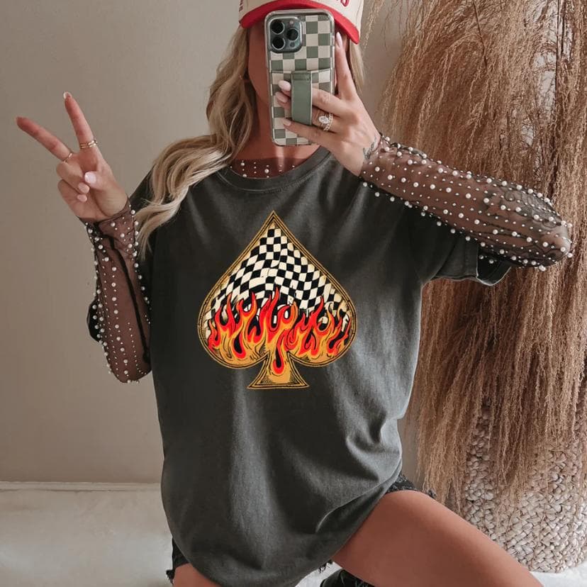 Vintage Western Flaming Checkered Spade T-Shirt & Sweatshirt – image 1, Flaming Checkered Spade Tee, Flaming Checkered Spade Merch, Flaming Checkered Spade Shirt, Flaming Checkered Spade Sweatshirt, Flaming Checkered Spade Hoodie, Flaming Checkered Spade Clothes