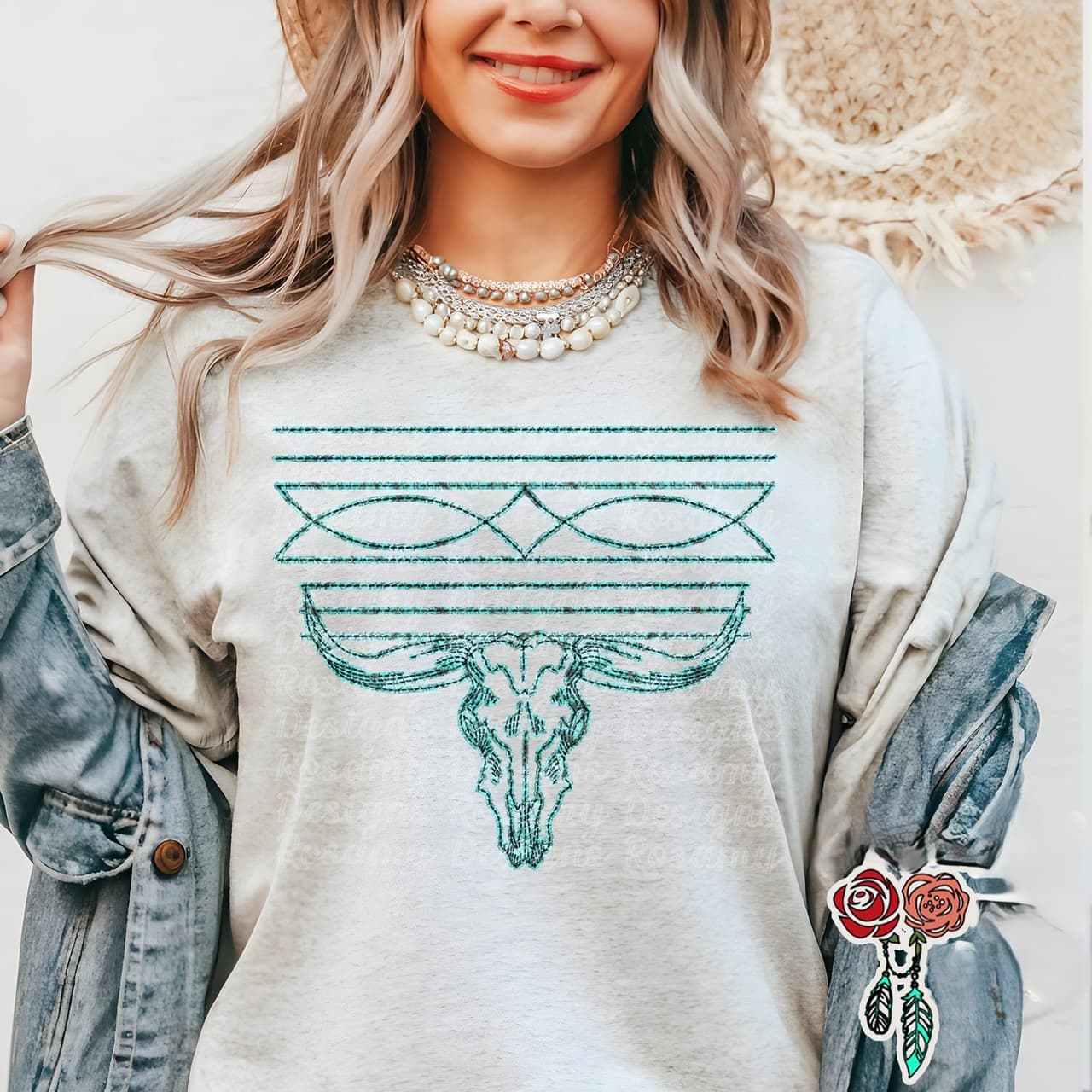 Women's Western Boot Stitch & Bull Skull Turquoise Sweatshirt, Cowgirl Gift – image 3, Boot Stitch Tee, Boot Stitch Merch, Boot Stitch Shirt, Boot Stitch Sweatshirt, Boot Stitch Hoodie, Boot Stitch Clothes