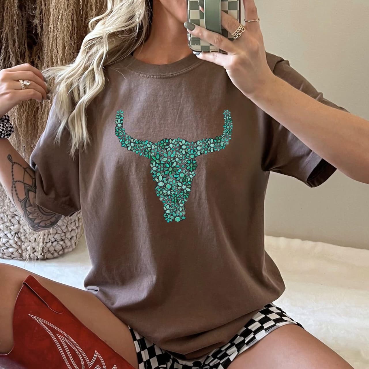 Women's Western Style Turquoise Long Horn, Cowgirl shirt, Sweatshirt, Hoodie JPO3C – image 4, Turquoise Boot Stitch Tee, Boot Stitch Tee, Boot Stitch Shirt, Boot Stitch Sweatshirt, Boot Stitch Hoodie