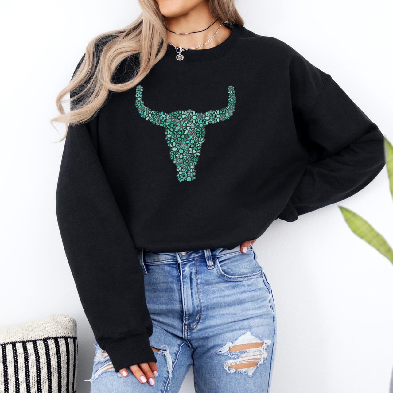 Women's Western Style Turquoise Long Horn, Cowgirl shirt, Sweatshirt, Hoodie JPO3C – image 2, Turquoise Boot Stitch Tee, Boot Stitch Tee, Boot Stitch Shirt, Boot Stitch Sweatshirt, Boot Stitch Hoodie