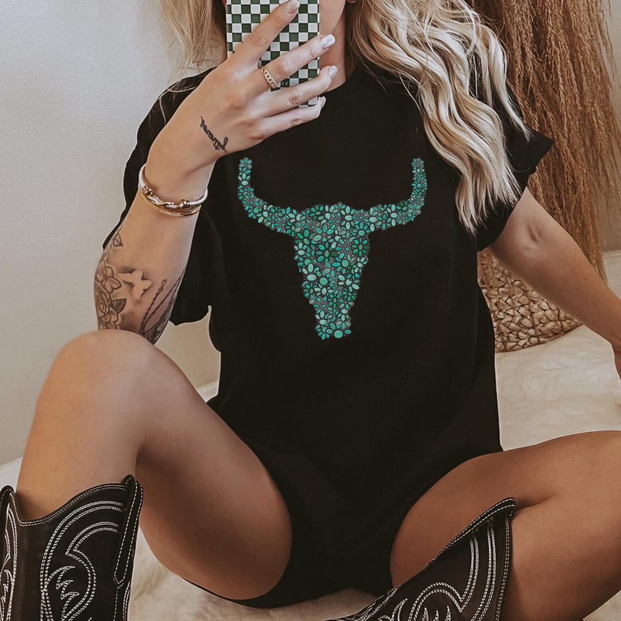 Women's Western Style Turquoise Long Horn, Cowgirl shirt, Sweatshirt, Hoodie JPO3C – image 3, Turquoise Boot Stitch Tee, Boot Stitch Tee, Boot Stitch Shirt, Boot Stitch Sweatshirt, Boot Stitch Hoodie